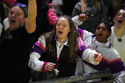 220426 - Brunel v Loughborough - Women's BUCS Final - Loughborough fans celebrate with the players at full time