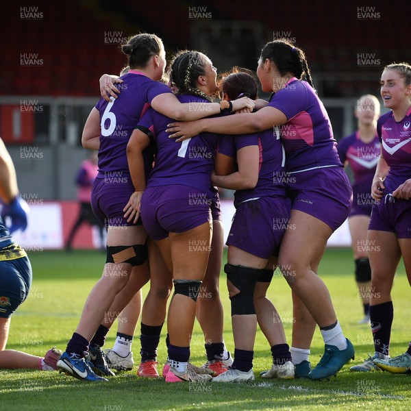 220426 - Brunel v Loughborough - Women's BUCS Final - Amelia Williams of Loughborough celebrates scoring a try with team mates