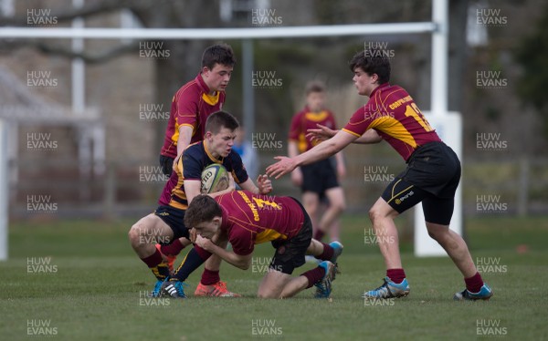 270315 - Brynteg v Corpus Christi, Welsh Schools Cup Semi-Final, Pencoed - Action as Brynteg (blue and yellow shirts) take on Corpus Christi in the Welsh Schools Cup Semi Final