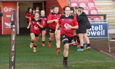201225 - Brython Thunder v Glasgow Warriors, Celtic Challenge - Jess Rogers leads as Brython Thunder run out at the start of the match
