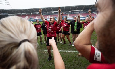 080326 - Brython Thunder v Gwalia Lightning, Celtic Challenge - Hannah Bluck of Brython Thunder leads the celebrations at the end of the match