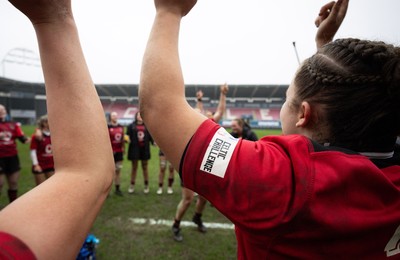 080326 - Brython Thunder v Gwalia Lightning, Celtic Challenge - Hannah Bluck of Brython Thunder leads the celebrations at the end of the match