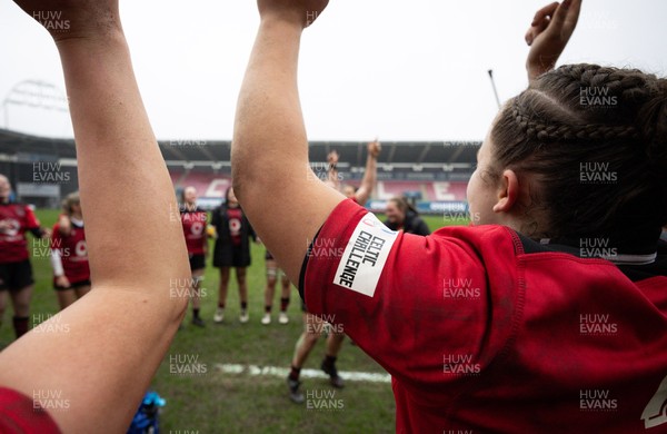 080326 - Brython Thunder v Gwalia Lightning, Celtic Challenge - Hannah Bluck of Brython Thunder leads the celebrations at the end of the match