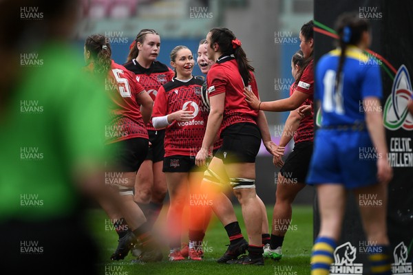080326 - Brython Thunder v Gwalia Lightning - Celtic Challenge - Branwen Metcalfe of Brython Thunder celebrates scoring a try with team mates