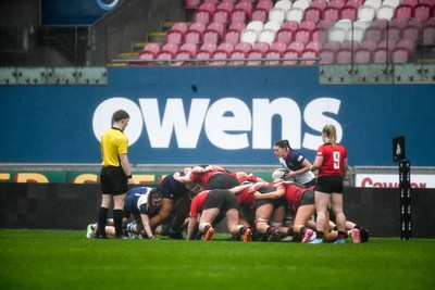 210226 - Brython Thunder v Wolfhounds - Celtic Challenge - Wolfhounds scrum half, Jade Gaffney waits to put the ball into the scrum