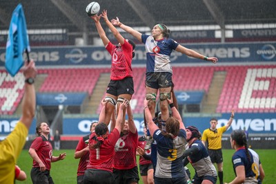 210226 - Brython Thunder v Wolfhounds - Celtic Challenge - Wolfhounds number eight, Fiona Tuite reaches for the ball in line-out