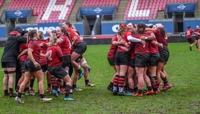 210226 - Brython Thunder v Wolfhounds - Celtic Challenge - Brython Thunder players celebrate the victory at Parc y Scarlets