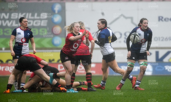 210226 - Brython Thunder v Wolfhounds - Celtic Challenge - Brython scrum-half, Seren Lockwood passes to the centres after a ruck