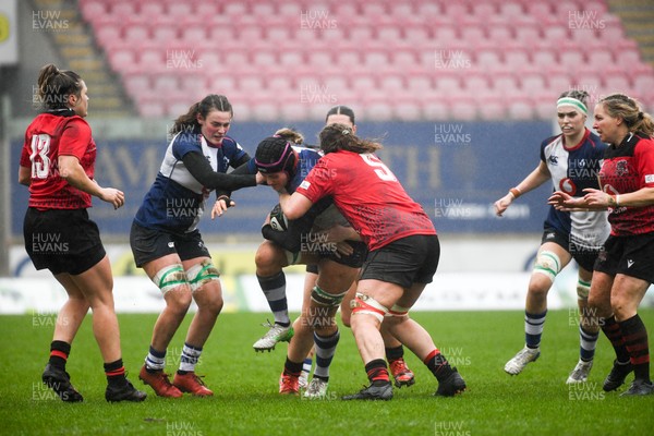210226 - Brython Thunder v Wolfhounds - Celtic Challenge - Wolfhounds Fiona Tuite powers forwards against a strong Brython Thunder defence