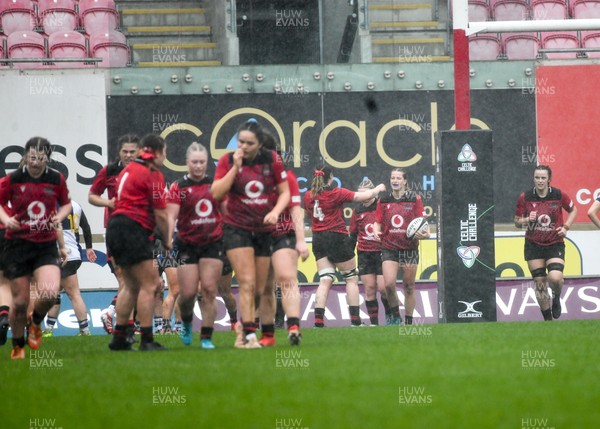 210226 - Brython Thunder v Wolfhounds - Celtic Challenge - Brython Thunders, Amy Williams in congratulated by team mates after her first half try