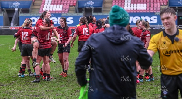 210226 - Brython Thunder v Wolfhounds - Celtic Challenge - Brython Thunder players celebrate the victory at Parc y Scarlets