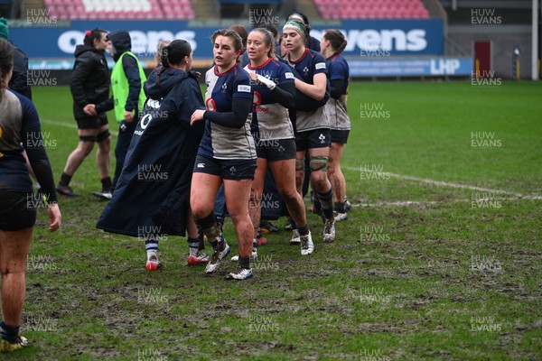210226 - Brython Thunder v Wolfhounds - Celtic Challenge - Wolfhounds players shake hands at the final whistle