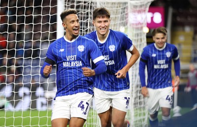 230925 - Burnley v Cardiff City - Carabao Cup Third Round - Callum Robinson of Cardiff cele on goal in 1st half with Rubin Colwill of Cardiff and Cian Ashford of Cardiff