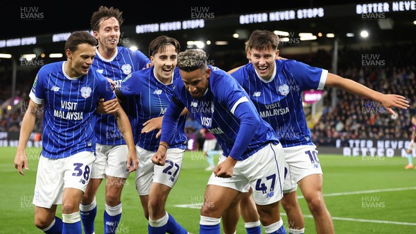 230925 - Burnley v Cardiff City - Carabao Cup Third Round - Callum Robinson of Cardiff cele on goal in 1st half with Rubin Colwill of Cardiff and Cian Ashford of Cardiff and team doing some kind of dance