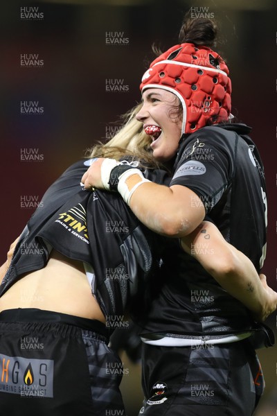 010423 - Burry Port v Whitland - WRU Women’s National Plate Final - Finley Jones and Keely Evans celebrate a Burry Port try