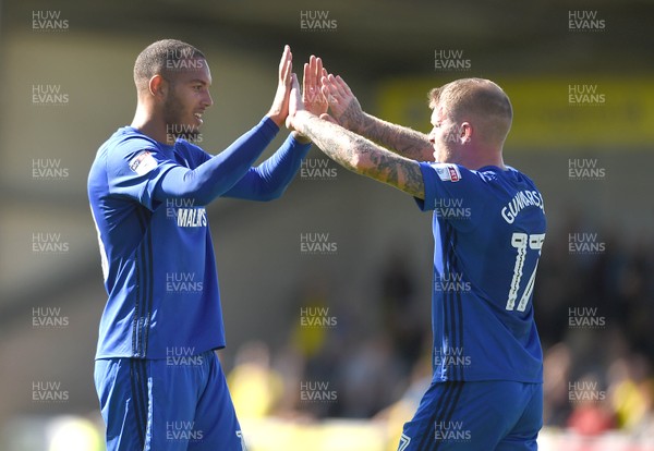 050817 - Burton Albion v Cardiff City - SkyBet Championship - Kenneth Zohore and Aron Gunnarsson of Cardiff City celebrates at the end of the game