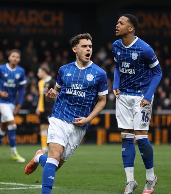 310126 - Burton Albion v Cardiff City - Sky Bet League 1 - Alex Robertson of Cardiff celebrates towards home crowd with Chris Willock of Cardiff