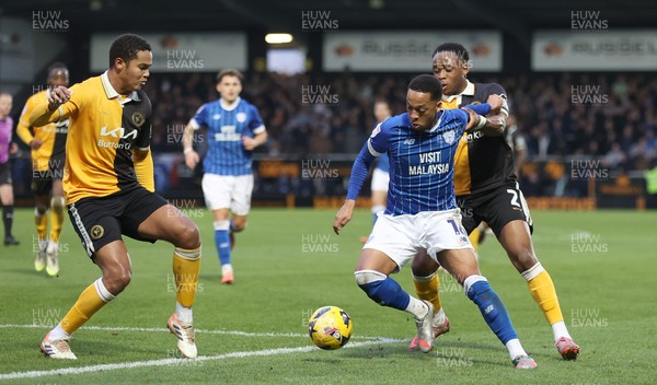 310126 - Burton Albion v Cardiff City - Sky Bet League 1 - Chris Willock of Cardiff tries to run through Udoka Godwin-Malife of Burton Albion and Toby Sibbick of Burton Albion