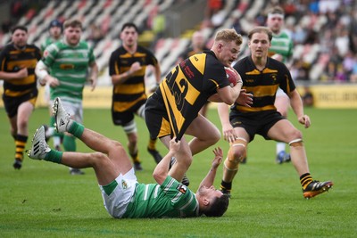 110525 - Caerphilly RFC v St Albans RFC - Mens Divison 2 Cup Final - Jonny Taylor of St Albans is challenged by Cam Isaac of Caerphilly