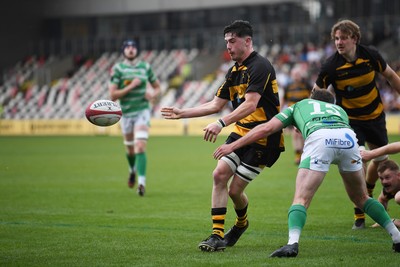 110525 - Caerphilly RFC v St Albans RFC - Mens Divison 2 Cup Final - Joshua Welsher of St Albans is challenged by Joe Haley of Caerphilly