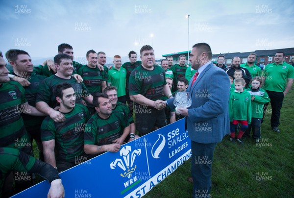 110516 - Caerphilly v Abercarn, SSE SWALEC League 3 East A - Abercarn captain Nathan Curtis receives the trophy from Greg Woods WRU Rugby Manager for Newport Gwent Dragons Region after Abercarn are crowned SSE SWALEC League 3 East A Champions