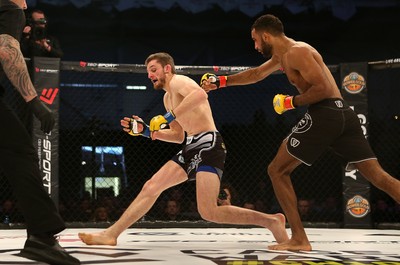 081218 - Cage Warriors 100 - Joe McColgan (left) v Jai Herbert (right) during their lightweight fight