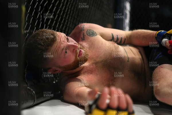 081218 - Cage Warriors 100 - Tim Barnett (Black shorts) lies on the ground after being defeated by Alex Lohore