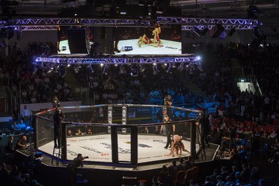 290918 - Cage Warriors 97 - Michael Corston (Black Shorts) v Struan Croxton, Port Talbot (Black and Red shorts) - 