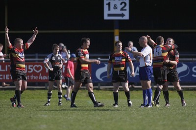 17.04.10 Carmarthen Quins RFC v Pontypridd RFC - Swalec Cup semi final - Carmarthen's players celebrate as they go through to the final as referee Morris blows the final whistle. 