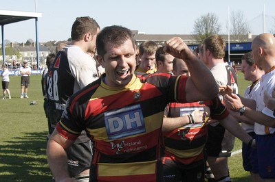 17.04.10 Carmarthen Quins RFC v Pontypridd RFC - Swalec Cup semi final - Carmarthen captain Tristan Davies shows his delight as he leads his side to a Cup final place with a win over Pontypridd. 