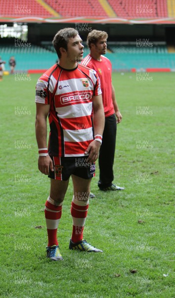 110513 - Camarthen Athletic v Gorseinon - Webb Ellis Youth Cup Final - Wales' Leigh Halfpenny offers kicking advice to Gorseinon's Sam Evans before the game 