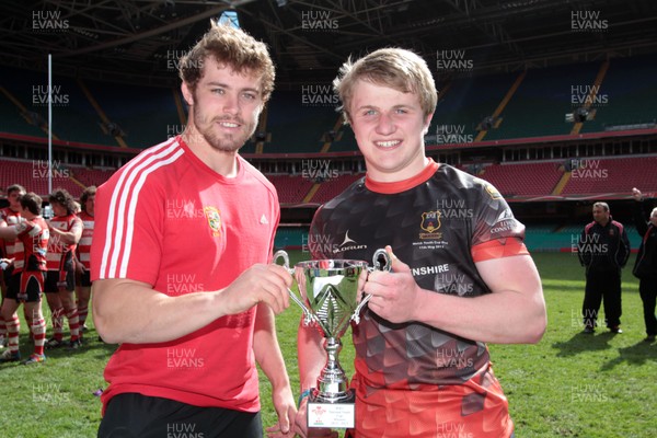 110513 - Camarthen Athletic v Gorseinon - Webb Ellis Youth Cup Final - Carmarthen Athletic Captain Aled Jones receives the Webb Ellis Cup from Wales' Leigh Halfpenny 