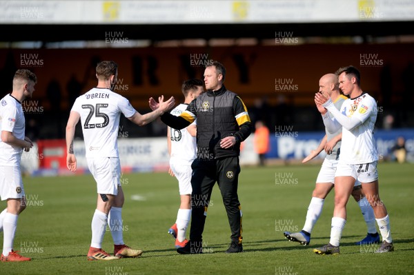 130419 - Cambridge United v Newport County - Sky Bet League 2 - Newport manager Michael Flynn congratulates his team at the end of the match