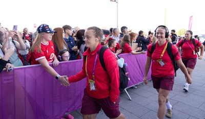 300825 - Canada v Wales, Women’s Rugby World Cup - Lleucu George of Wales and Carys Cox of Wales arrive at the stadium ahead of the match against Canada