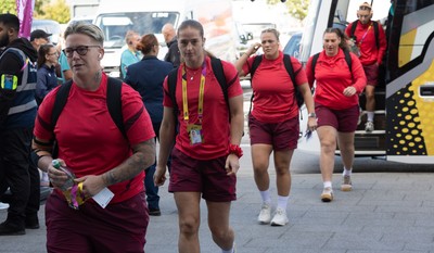 300825 - Canada v Wales, Women’s Rugby World Cup - Donna Rose of Wales and Lisa Neumann of Wales arrive at the stadium ahead of the match against Canada