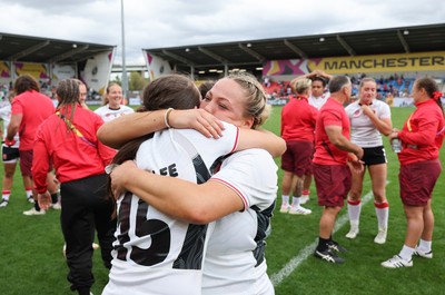 300825 - Canada v Wales, Women’s Rugby World Cup - Kelsey Jones of Wales and Nel Metcalfe of Wales at the end of the match