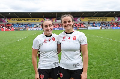 300825 - Canada v Wales, Women’s Rugby World Cup - Sisters Nel Metcalfe of Wales and Branwen Metcalfe of Wales at the end of the match