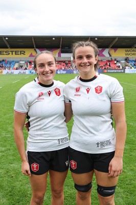 300825 - Canada v Wales, Women’s Rugby World Cup - Sisters Nel Metcalfe of Wales and Branwen Metcalfe of Wales at the end of the match