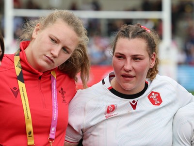 300825 - Canada v Wales, Women’s Rugby World Cup -Alaw Pyrs of Wales and Gwenllian Pyrs of Wales at the end of the match