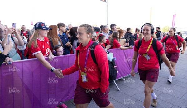 300825 - Canada v Wales, Women’s Rugby World Cup - Lleucu George of Wales and Carys Cox of Wales arrive at the stadium ahead of the match against Canada