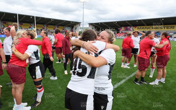 300825 - Canada v Wales, Women’s Rugby World Cup - Kelsey Jones of Wales with Nel Metcalfe of Wales at the end of the match