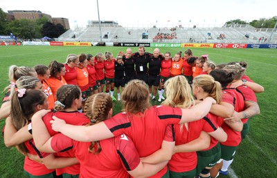 270822 - Canada Women v Wales Women, Summer 15’s World Cup Warm up match - The Wales team huddle up ahead of the match