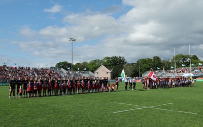 270822 - Canada Women v Wales Women, Summer 15’s World Cup Warm up match - The Welsh and Canadian teams line up for the anthems