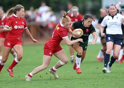 270822 - Canada Women v Wales Women, Summer 15’s World Cup Warm up match - Ffion Lewis of Wales takes on Paige Farries of Canada