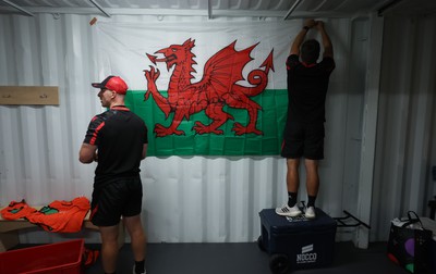 270822 - Canada Women v Wales Women, Summer 15’s World Cup Warm up match - A Welsh flag is put up in the Wales team’s changing room