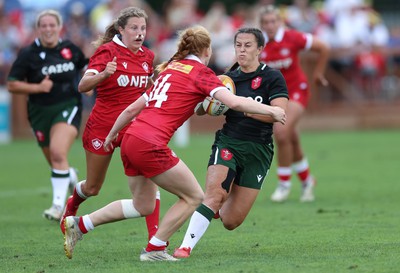 270822 - Canada Women v Wales Women, Summer 15’s World Cup Warm up match - Ffion Lewis of Wales takes on Paige Farries of Canada