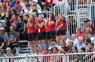 270822 - Canada Women v Wales Women, Summer 15’s World Cup Warm up match - Niamh Terry, Alex Callender, Gwenllian Pyrs and Alisha Butchers cheer on their team mates from the stand