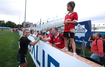 270822 - Canada Women v Wales Women, Summer 15’s World Cup Warm up match - Lowri Norkett of Wales speaks to Wales fans at the end of the match