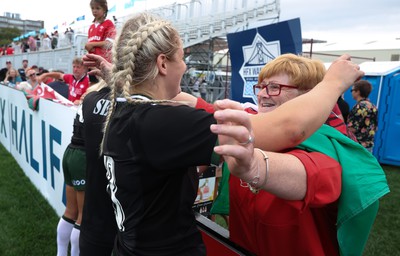 270822 - Canada Women v Wales Women, Summer 15’s World Cup Warm up match - Carys Williams-Morris of Wales embraces mum Bethan at the end of the match