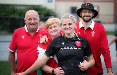 270822 - Canada Women v Wales Women, Summer 15’s World Cup Warm up match - Carys Williams-Morris of Wales with parents Bethan and Wyn and brother Dewi at the end of the match